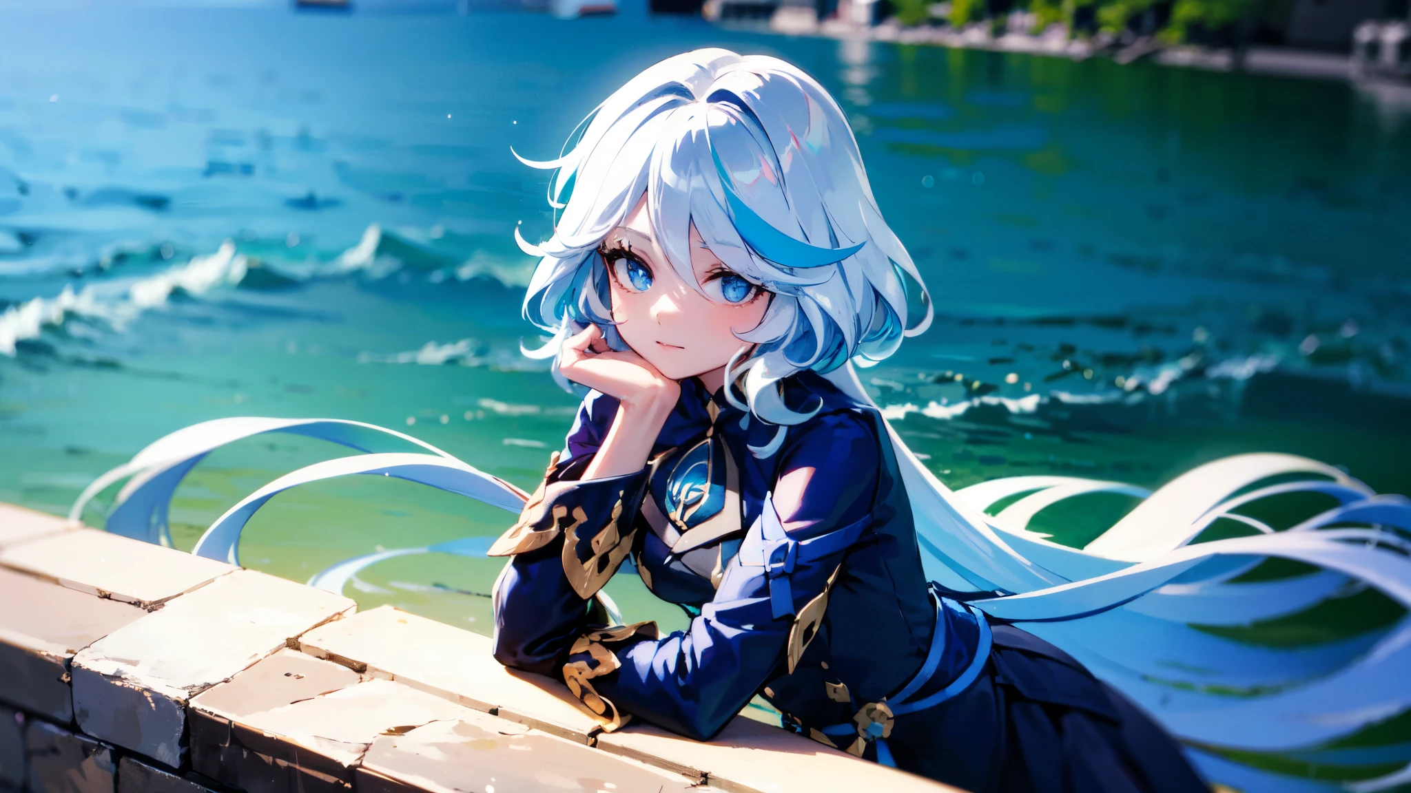 beautiful detailed eyes, flowing long hair, glowing skin, fashionable outfit, confident pose, peaceful atmosphere, vibrant colors, soft lighting, summer breeze, Furina floating on top of water in the middle of the lake, water reflection, big lake landscape, ultra realistic, sunny day, fountaine, cute, early twenties, blue uniform, middle of lake, lake stretching in the background,