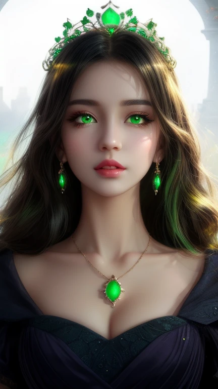 a close up of a woman with green eyes wearing a necklace, ((a beautiful fantasy empress)), with stunning green eyes, with long hair and piercing eyes, green glowing eyes, glowing green eyes, a beautiful fantasy empress, with glowing eyes, with green eyes, beautiful anime woman, emerald eyes, portrait knights of zodiac girl, with glowing yellow eyes, (black hair), (masterpiece), (photorealistic)