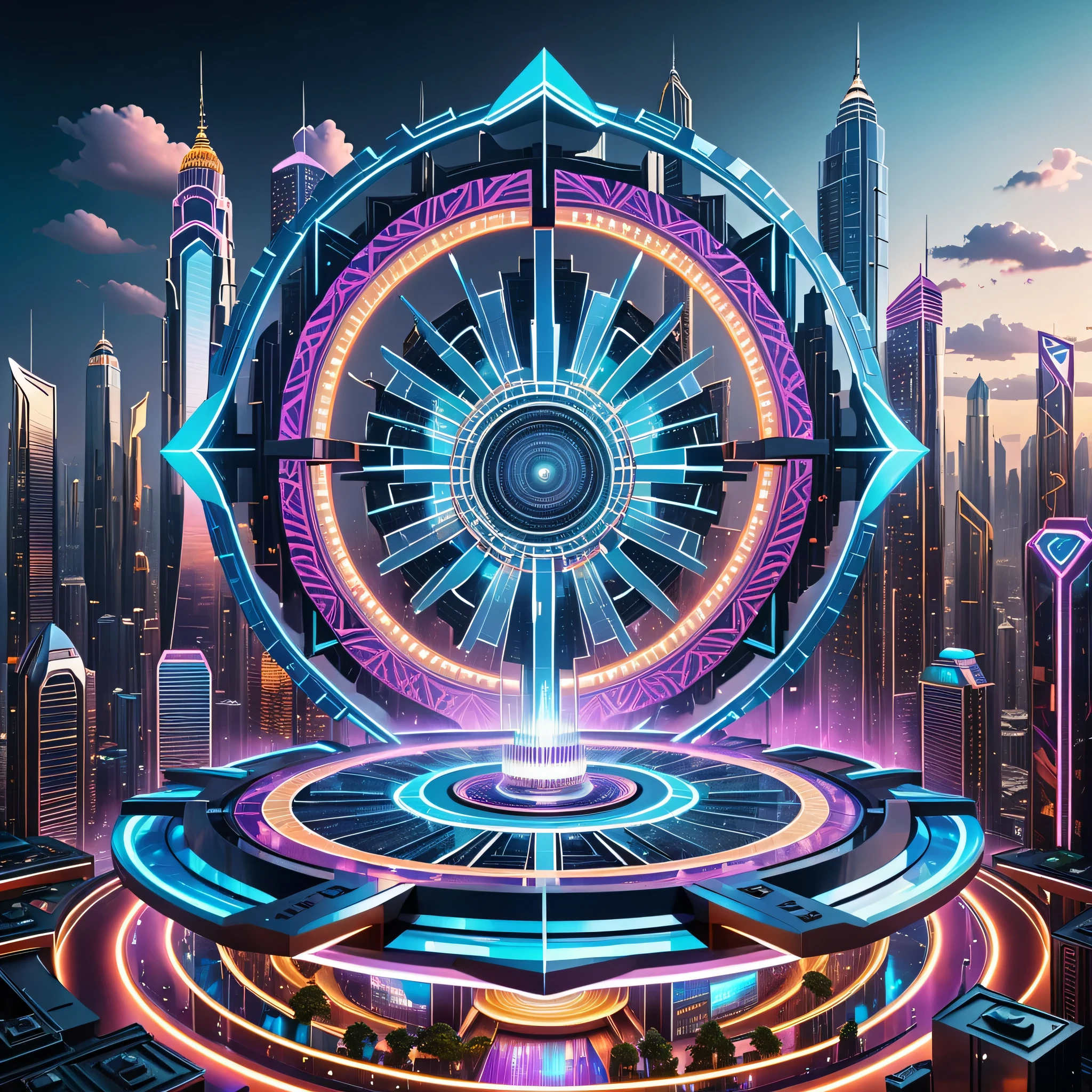 Giant Geometric Shape, Mandala Art, Floating platform above a swirling vortex of energy, futuristic cityscape with neon lights and skyscrapers, holographic screens, flying drones, and other technological marvels, energetic and empowering atmosphere, low-angle lens, dynamic lighting, high contrast