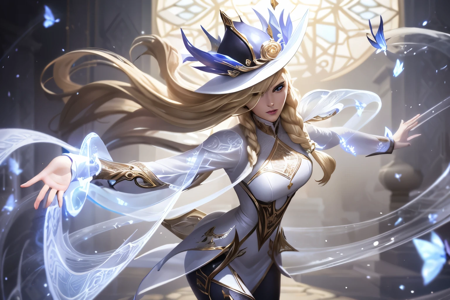 Dirt.,white shirt,(Spectral magic:1.2), League of Legends สแปลชอาร์ต, woman,Bangs,black pants,Yellow eyes,Blonde hair,(missfortune:1.2),crystal,mask,fight,front view,gold,fish,victorian hat,Europe,Middle Ages,marble pattern,white magic,joy,luxurious,diamond,flower,full figure,(white stone magic:1.2),mirror,mirrorเเตก,ผลึกcrystal,white coat,dynasty,gold lace pattern,water,เศษcrystalสีฟ้า,กลีบflower,Insects,(evelynn:1.2),braid,katarina