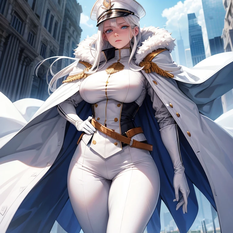 Woman, white_hair, pale_skin, blue_eyes, white_millitary_clothes, white_millitary_cape, curvy, small_waist, hourglass_body_shape, white_gloves, tall, stoic_expression, toned_muscles, elegant, marine_war_hat, one_character_focus, 1girl