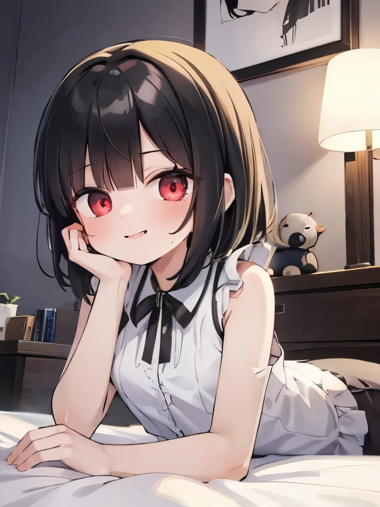 masterpiece, highest quality, girl, alone, private server,sleeveless,on the bed,red eyes,smile, blush,black hair bob,sexy face,Cheeky smirk,mischief