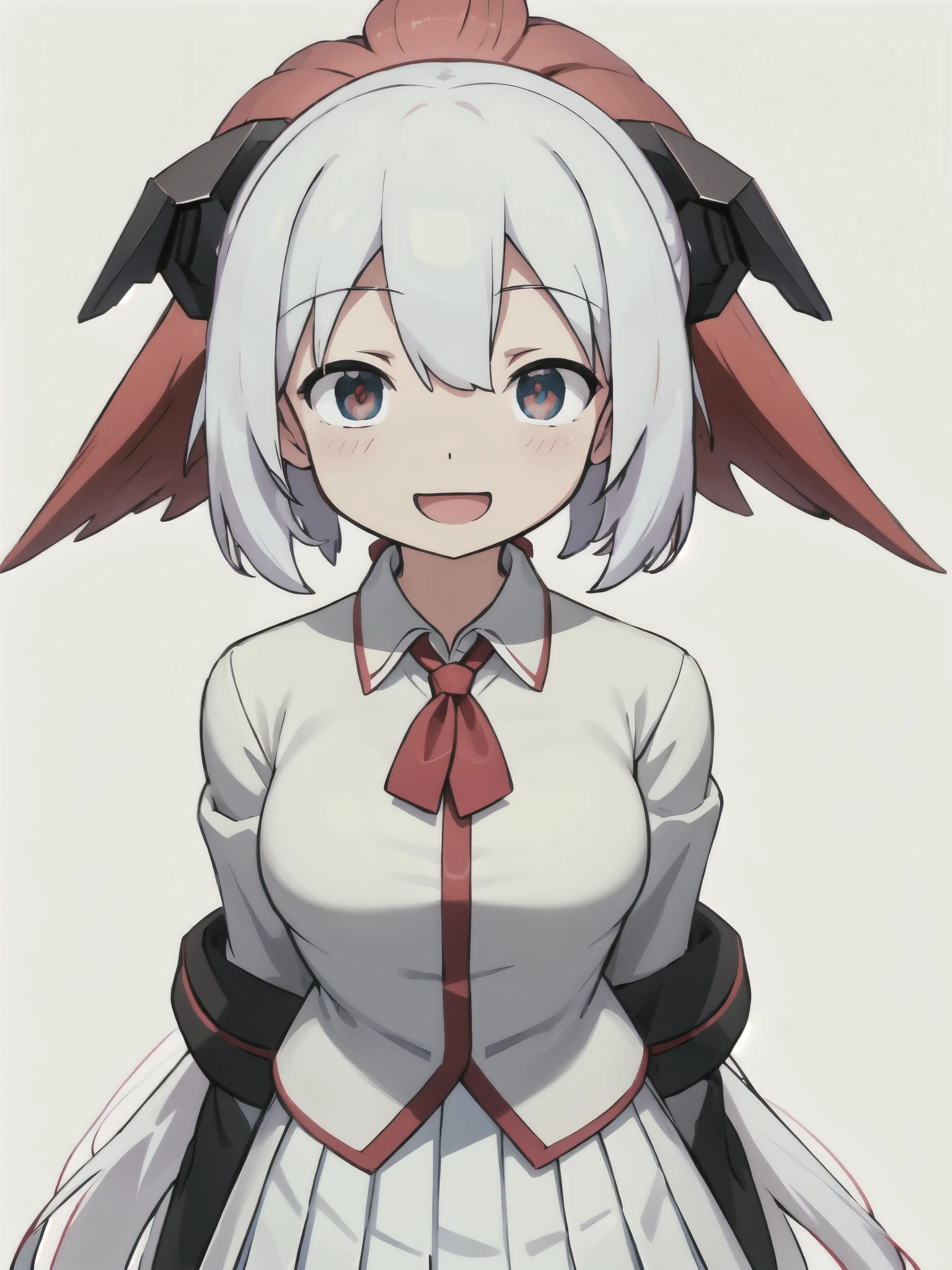 white background、Solid white background、blank background、arms behind back、hide your hands、beautiful detailed eyes、red eyes、White hair x red eyes、White hair, red eyes、redhead inside、「tsurime」「large breasts」(high quality, Breathtaking),(delicate eyes, perfect face)solo,Era: late 20s, Open your mouth without showing your teeth、Smile with mouth wide open、open your mouth wide、shoulder-length short hair,, white hair,long hair, white hair, white long sleeve blazer clothes,white pleated skirt、