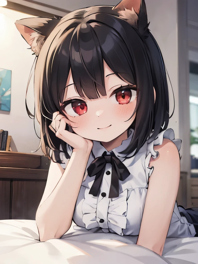 masterpiece, highest quality, girl, alone, private server,sleeveless,on the bed,red eyes,smile, blush,black hair bob,sexy face,Cheeky smirk,mischief