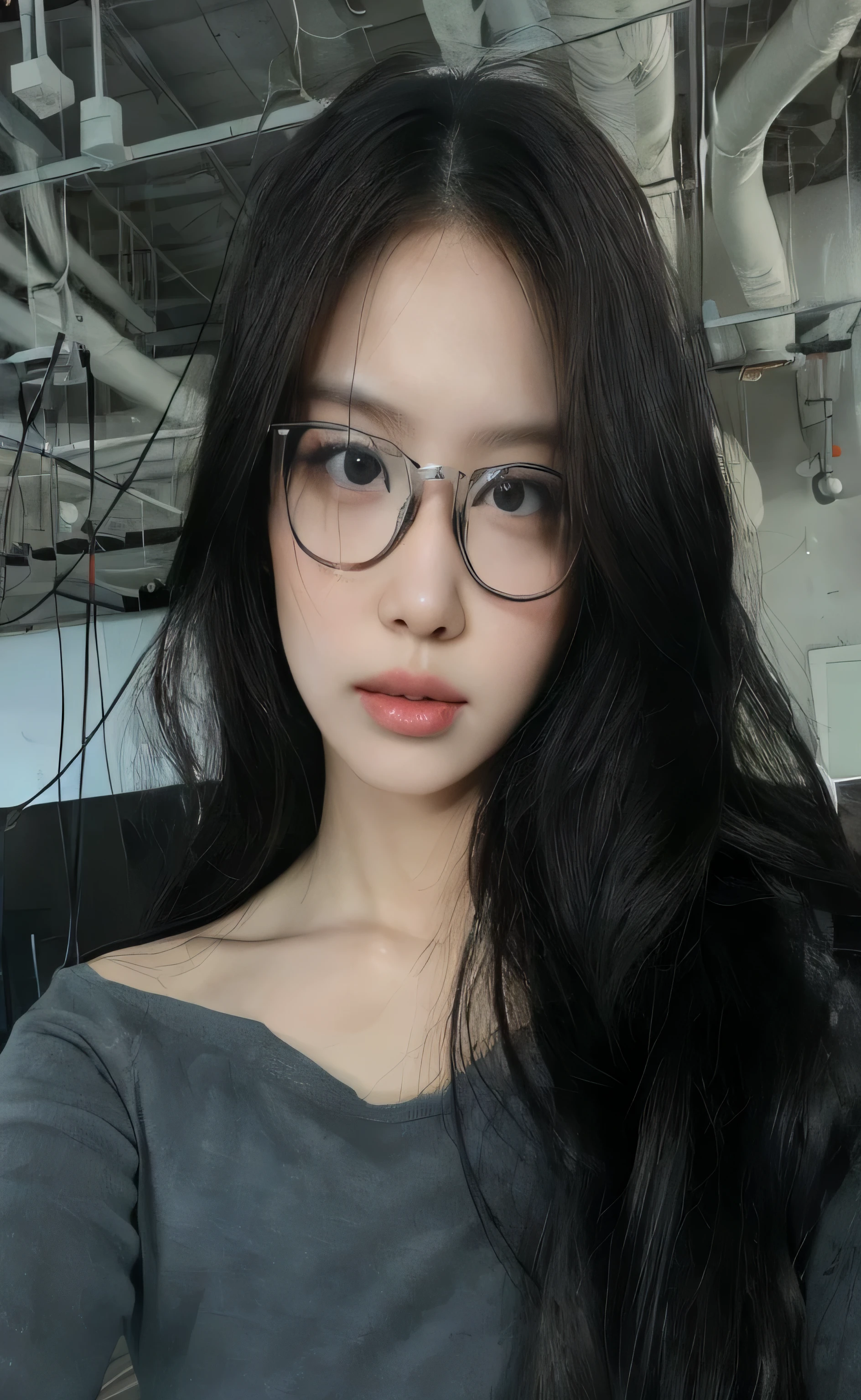 there is a woman with copos posing for a picture in a room, with copos, copos, wavy long black hair and copos, glasses, with copos on, eyecopos, wearing copos, thick copos, girl with copos, with square copos, beautiful asian girl, with black eyecopos, wearing black frame copos, transparent copos, rosto bonito e claro,  coreana