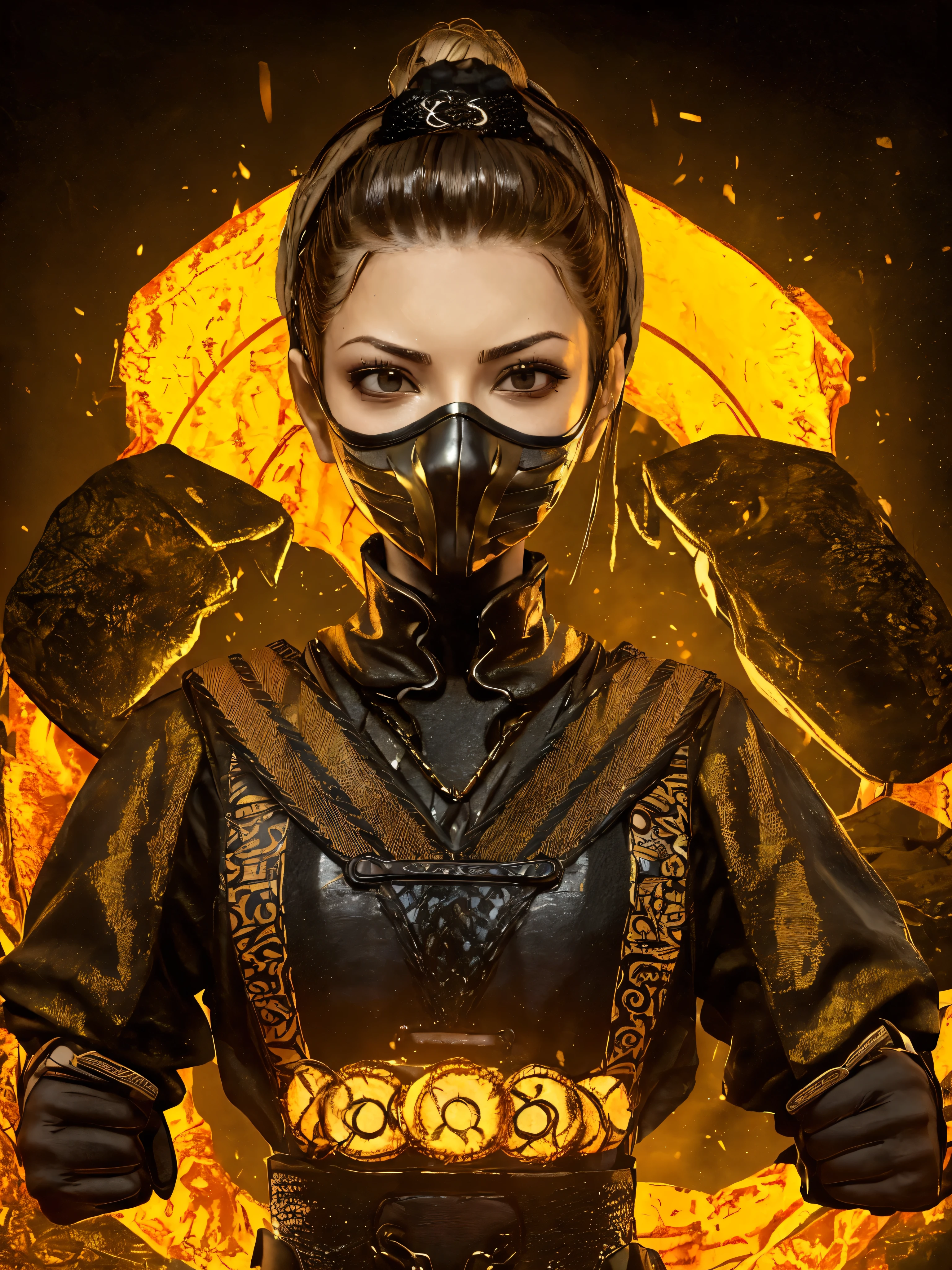 1girl, Portrait of cute female MKSCORPION battle with group of ninjas, mouth mask, olhos amarelos brilhantes, fogo, laranja, Sparks, energia, aura, Whirlwind Fire, ornamentado, detalhe,