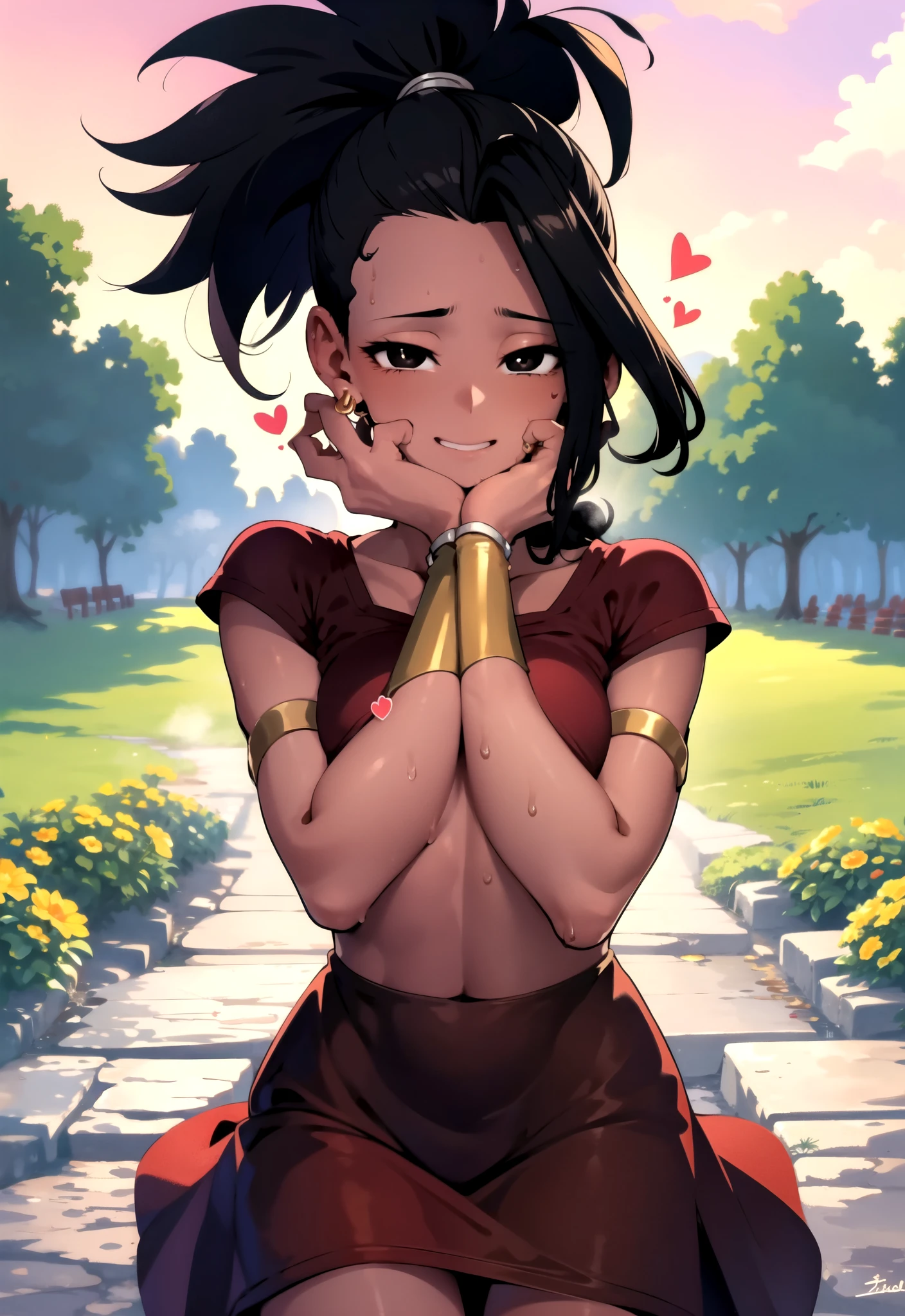 artwork, best quality, Kale, black eyes, ponytail, top cut, armband, red skirt, torso, standing, looking at viewer, nervous,In a lush and flowery garden, under the golden light of the evening, the character is standing among the flowers, looking tenderly at the viewer, while the sun's rays filter through the trees, creating a magical and romantic atmosphere around her, close up Light brown girl, black hair, shy look, nsfw, heat, in love, looking at the viewer ,heart-shaped pupils,nails,hands on own face, choker,torso,trembling,sweat,sweatdrop,heart,medium breasts,  Love, heart, top cut, happy, smile
