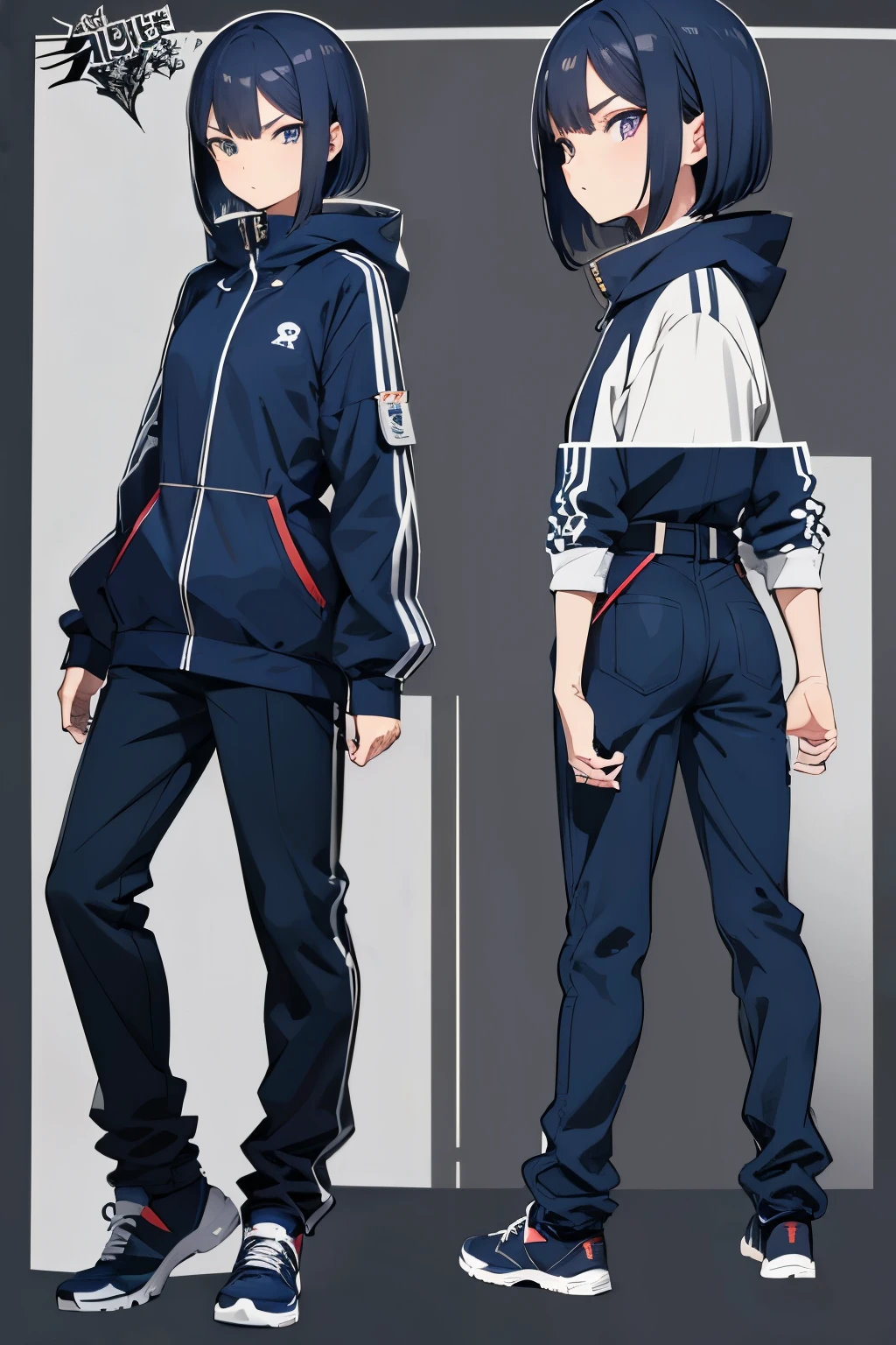 Anime character with an attitude,cool,character sheet including front view and side view, long pants, bob, short dark blue hair, anorak