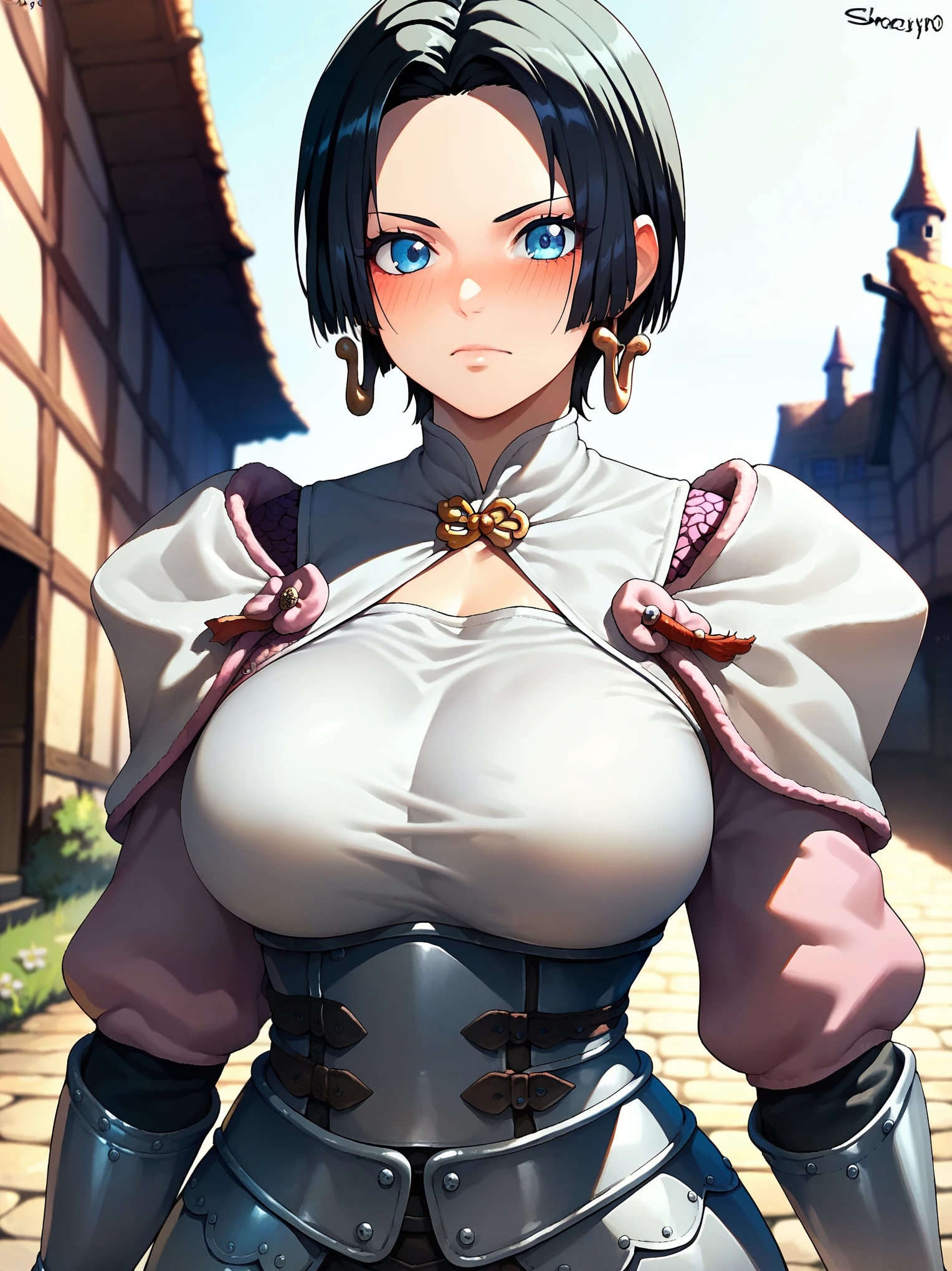 score_9,score_8_up,score_7_up,rating: general,1girl,solo, short hair,breasts,looking at viewer,blush,large breast, black hair, closed mouth,shexyo, shexyo style, boa hancock, medieval, fantasy armor, armor, ((medieval)), medieval town