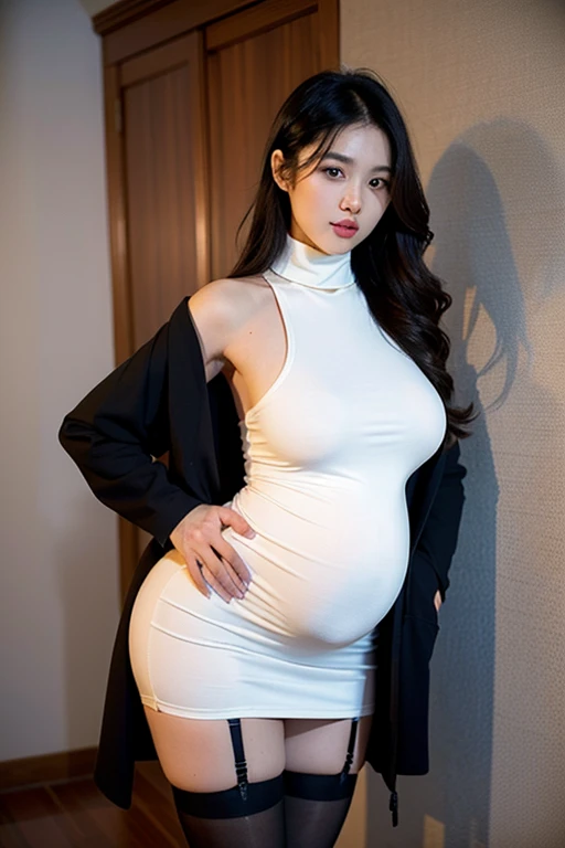 (Very detailed,night， In a dimly lit room， a girl，Married，Married woman，30s，maternal radiance，Mother，The charm still exists，black hair，a little fat, full, Large sagging breasts, huge big , pregnant, huge pregnant, big pregnant, 9 months, pregnant, 怀着双胞胎的pregnant，delicate face, Sexy, Wear a turtleneck dress, White tight dress, suspender skirt,hip-covering skirt，黑色hip-covering skirt，black stockings，Garter stockings，Suit，Suitcoat，coat， HD, full body shot, travail，Water breaks，Due Date，Realistic perfect figure, Very realistic)