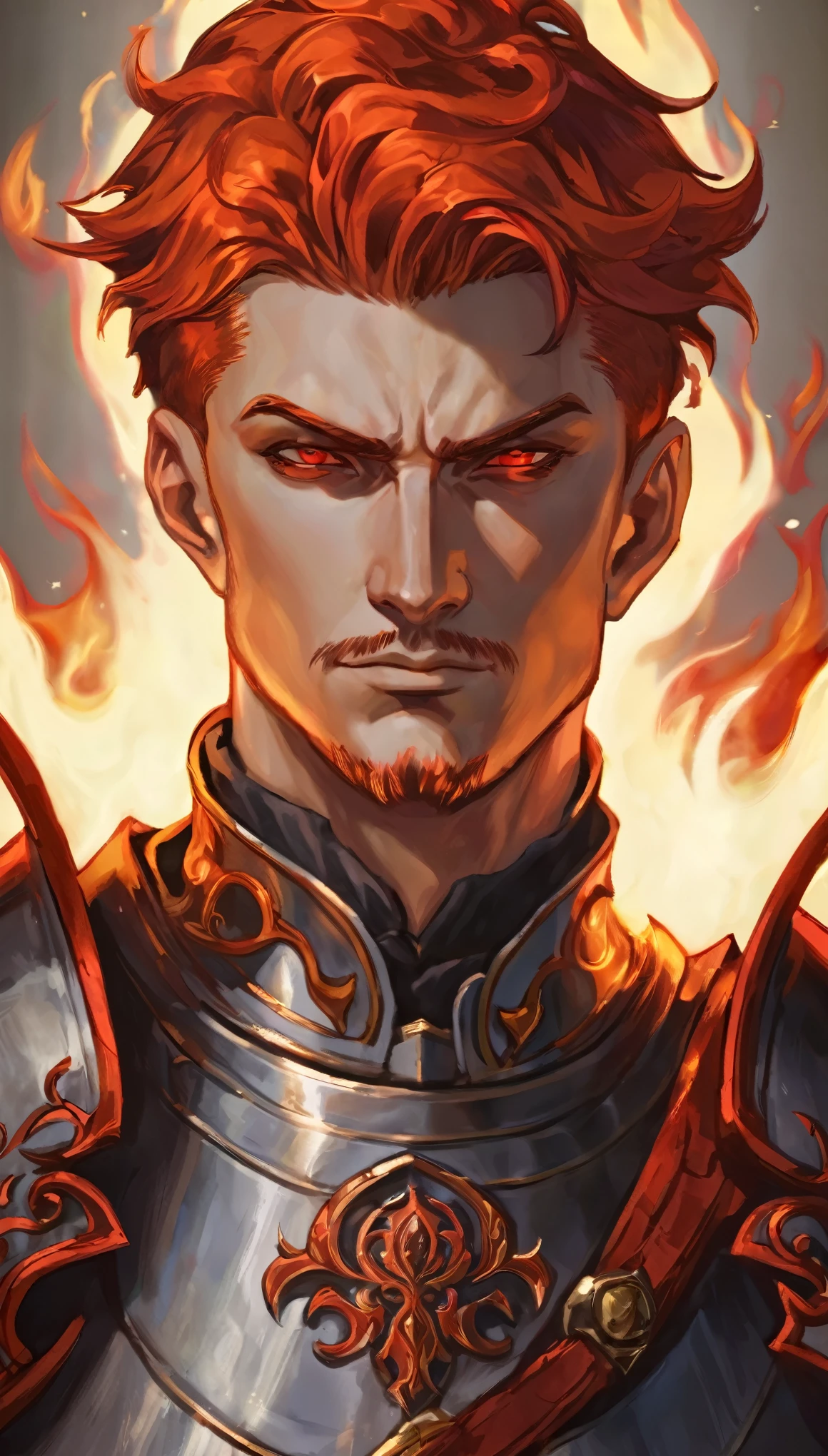 medieval male portrait, flame red short hair, flame red eyes, retina, perfect body, flame mage armor, gigachad face, medieval style, masterpiece, vinland sage style