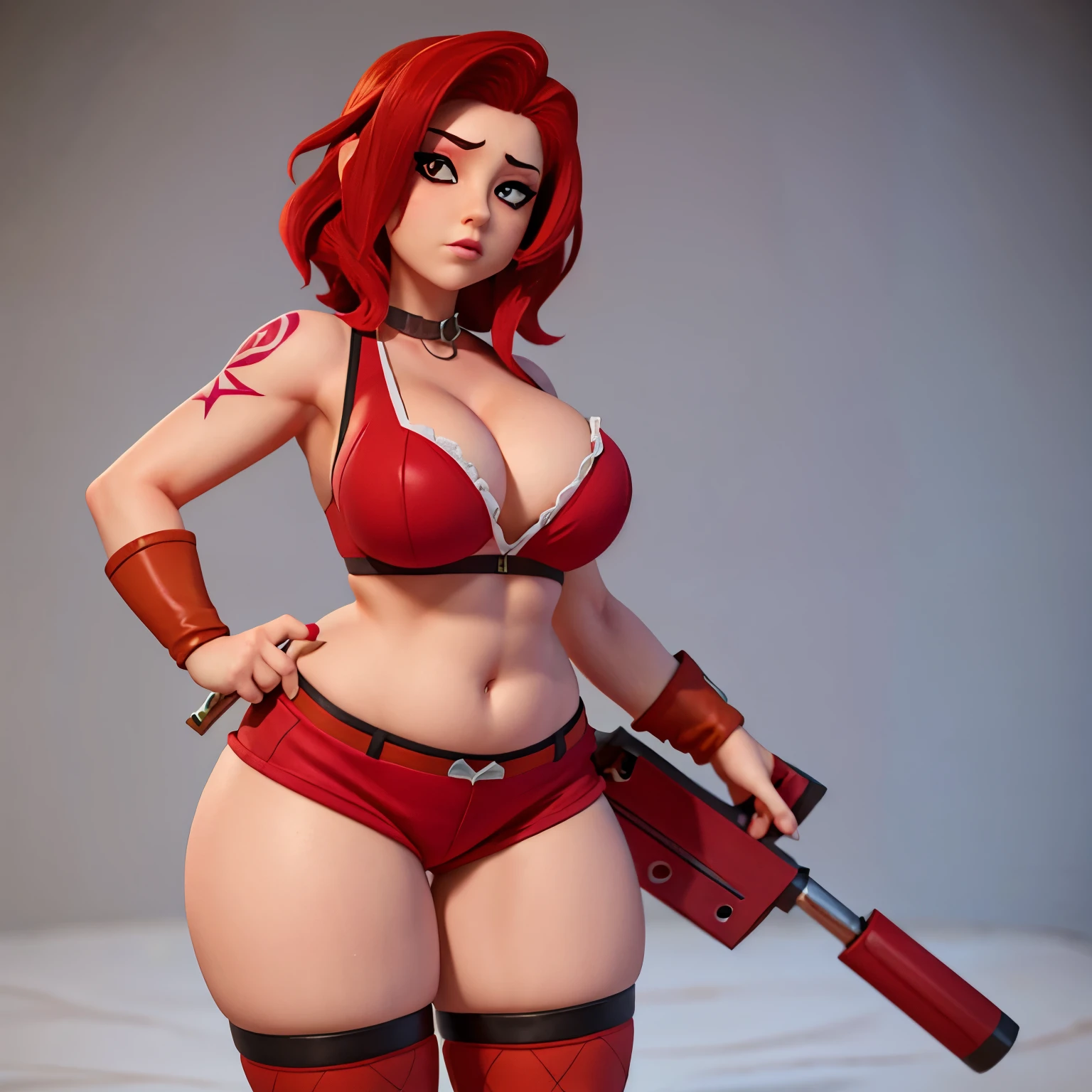 Lilith(borderlands), chubby, red hair, large chest, cleavage, siren tattoo, yellow tanktop, red short shorts, thicc waist, thicc thighs, red fishnet stockings, black boots, bar background