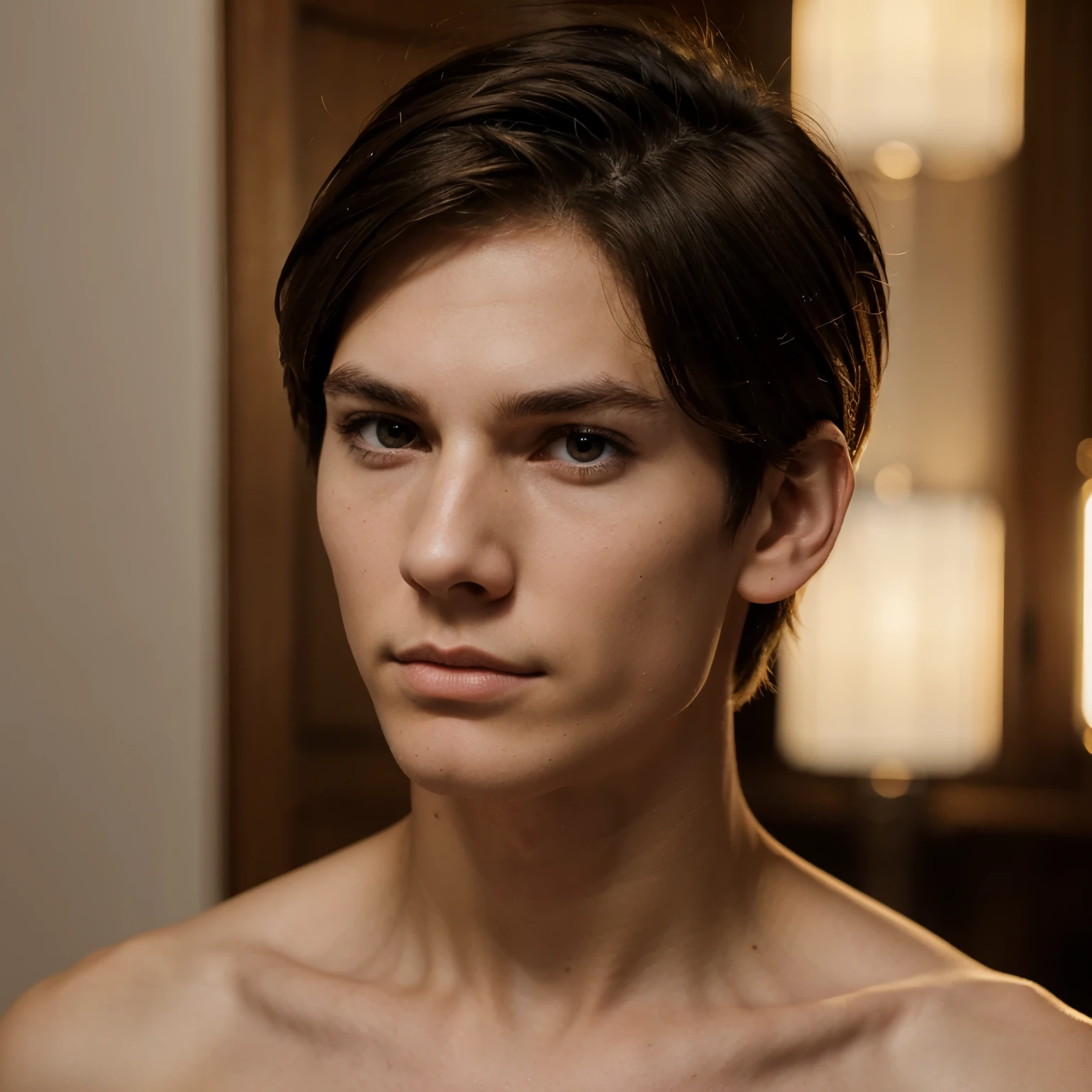 young guy with short brown hair, Brown eyes, pronounced cheekbones, sharp nose, pale skin and arrogant facial expression