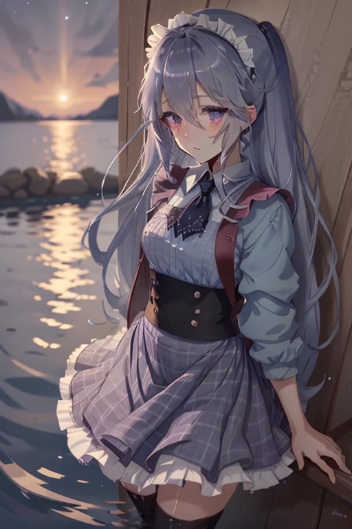 light blue double tails, wet hair, maid headdress, Purple eyes, Shy, shadowing, angle of view, Chiaroscuro, accurate, Need, 1girl, pleated plaid skirts, starry sky, over the water, Anime style, (Highly detailed), (high resolution), (Best quality), (masterpiece)
