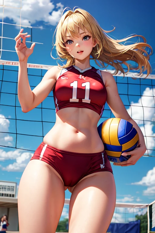 Young woman volleyball player, blonde, gray eyes, big hips and thighs, small breasts.
