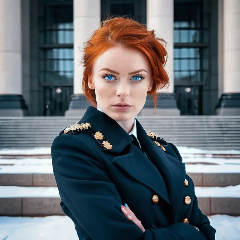 Female, Russian, spy, piercing blue eyes,firey redhead, government building background ,full body portrait