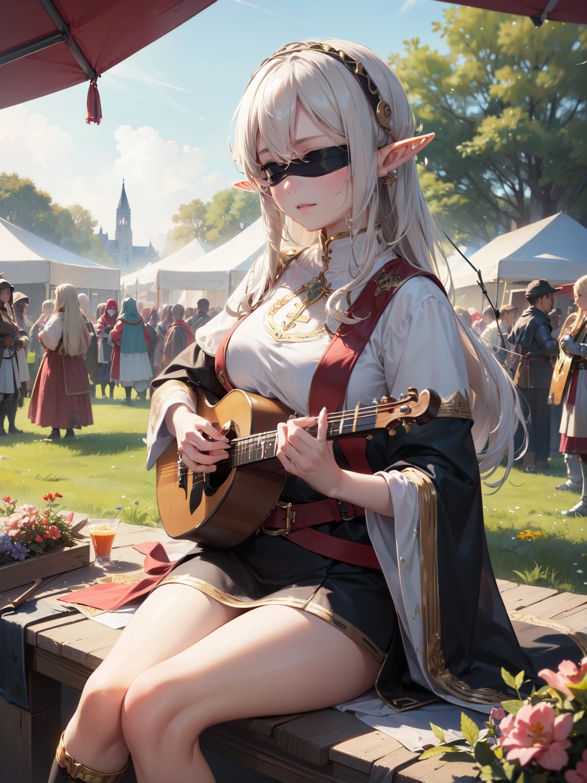 ((masterpiece)), (top quality), (best quality), ((ultra-detailed, 8k quality)), Cinematic lighting, Volumetric lighting, (detailed line art), absurdres, (best composition), (high-resolution), Aesthetics, serene mood, (a graceful gorgeous young elf woman, sitting cross-legged as she plays a lute instrument the crowd),  ((pretty and elegant)), (((playing a lute musical instrument))), ((performing music while sitting outdoors at a (medieval:1.3) spring festival)), ((graceful physique)), medium breasts, (elegant black silk shimmering cocktail dress with gold embroidery), cheerful spring lighting, (outdoors at the crowded village festival), ((people in background field of flowers and tents medieval Europe style)), celebration!, depth of field, sharp focus, (fantasy:1.3), [cinematic dramatic atmosphere],[atmospheric perspective],
BREAK,
highly detailed of ((elf:1.4)), (1girl), solo, perfect face, details eye, hair Bun, (hime cut, bangs:1.2), (white shining hair:1.2),((blindfolded, eyes closed)), (beautiful detailed eyelashes, eyeshadow, pink eyeshadow),  gentle smile, Concept art by Mikimoto Haruhiko, by Kawacy, By Yoshitaka Amano, BREAK, 
((perfect anatomy)), perfect body, (medium breast), perfect hands, perfect face, beautiful face, beautiful eyes, perfect eyes, (perfect fingers, deatailed fingers), correct anatomy, perfect legs, 
