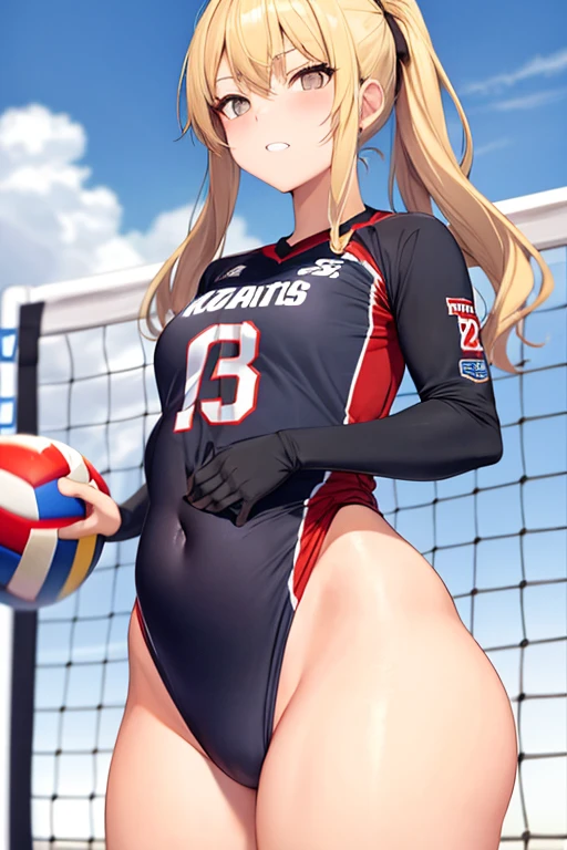 Young woman volleyball player, blonde, gray eyes, big hips and thighs, small breasts.   