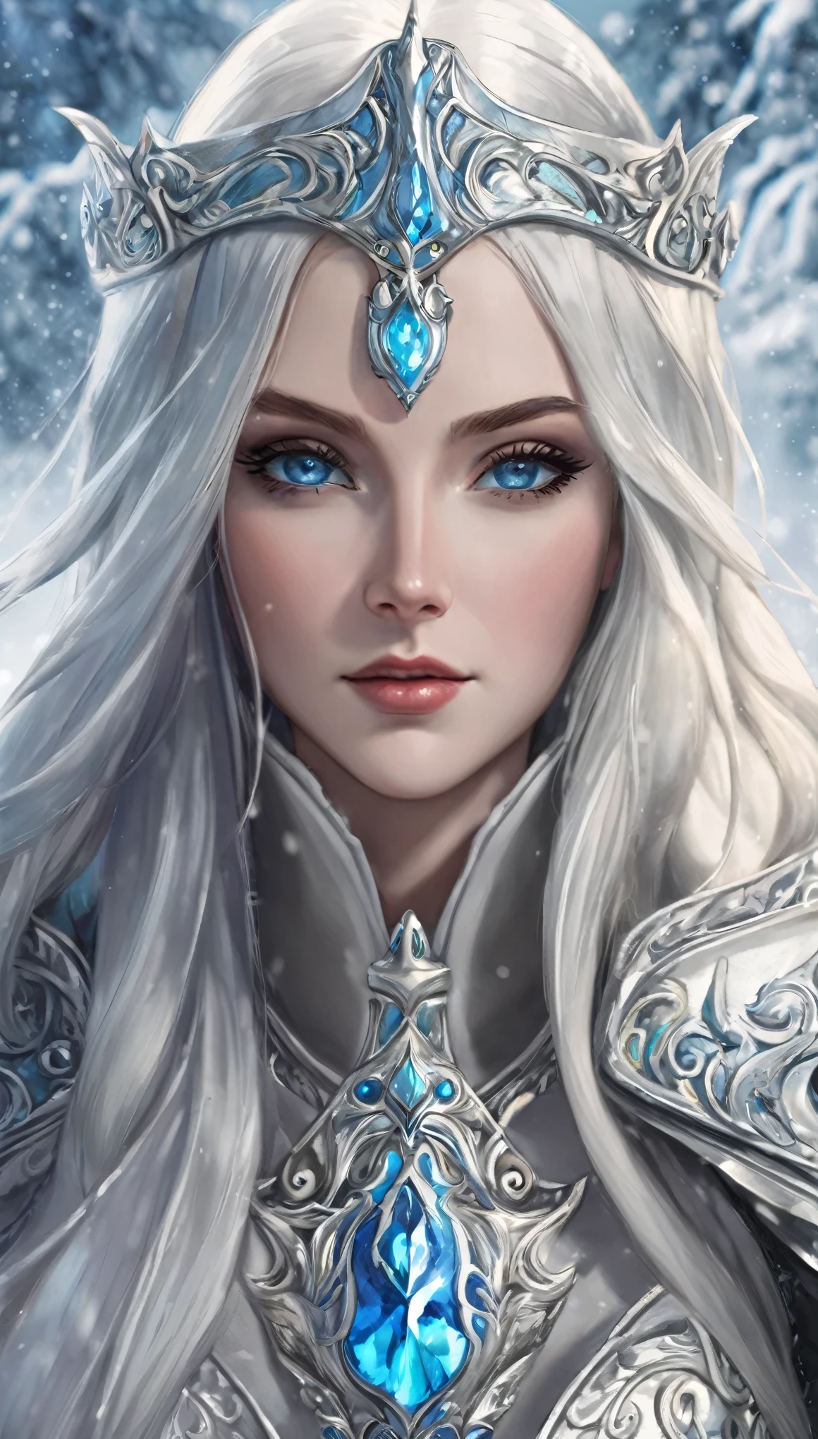 medieval female portrait, portrait, ice white long hair, ice blue eyes, retina, perfect body, ice mage armor, silver details, medieval style, masterpiece, vinland sage style
