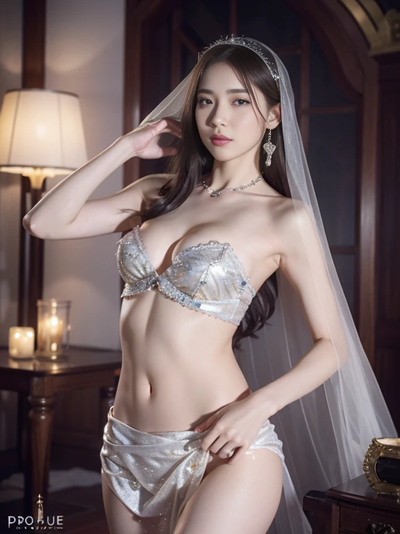 photorealistic, high resolution, soft light,1women, adult, solo, hips up, shining skin, (detailed face), jewelry, Small Breasts, china goddes, veil, midriff, bare shoulder