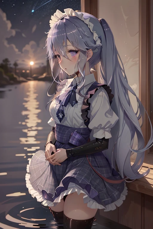 light blue double tails, wet hair, maid headdress, Purple eyes, Shy, shadowing, Chiaroscuro, accurate, Need, 1girl, pleated plaid skirts, starry sky, over the water, Anime style, (Highly detailed), (high resolution), (Best quality), (masterpiece)
