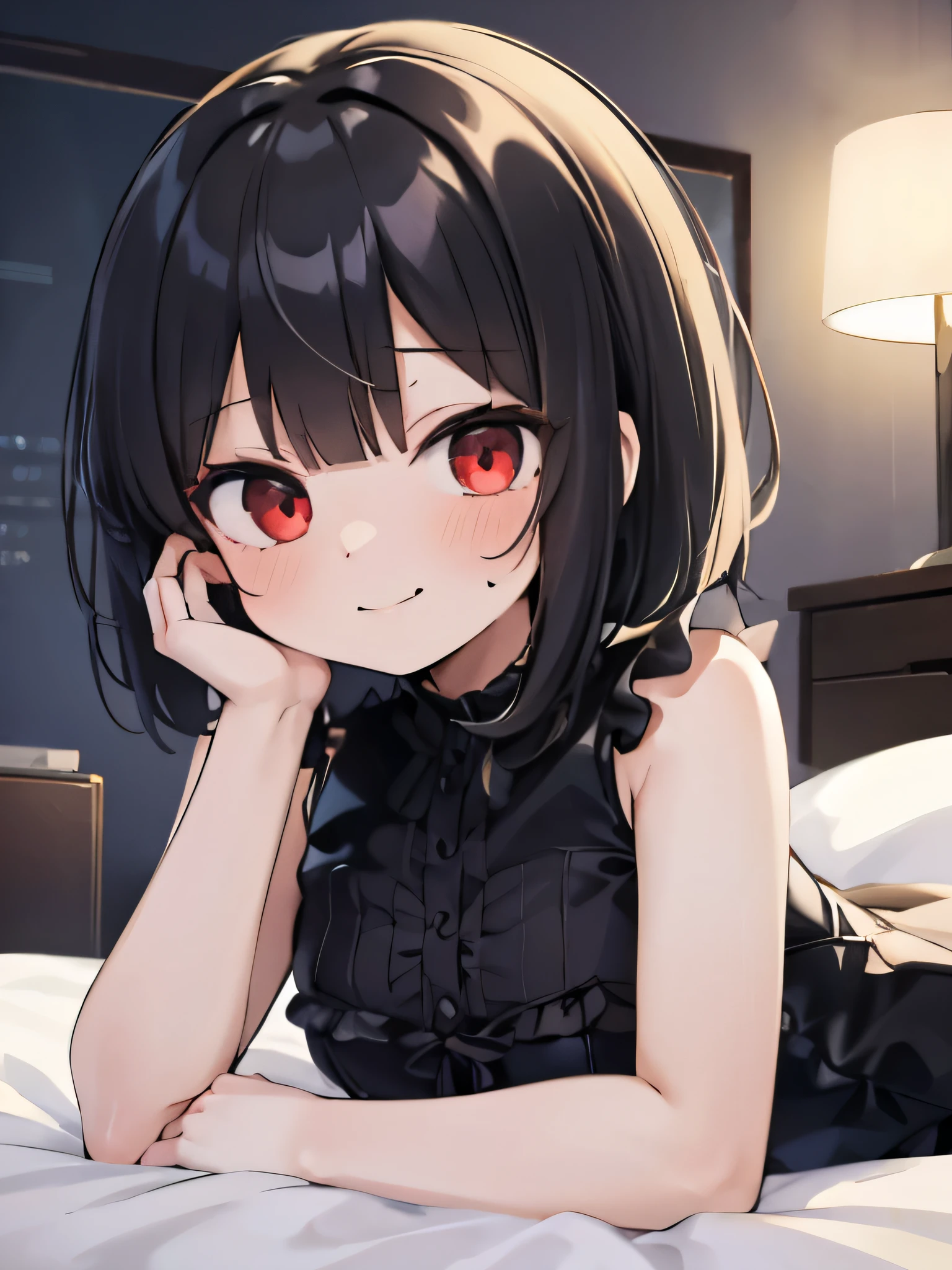 masterpiece, highest quality, girl, alone, private server,sleeveless,on the bed,red eyes,smile, blush,black hair bob,sexy face,Cheeky smirk,mischief