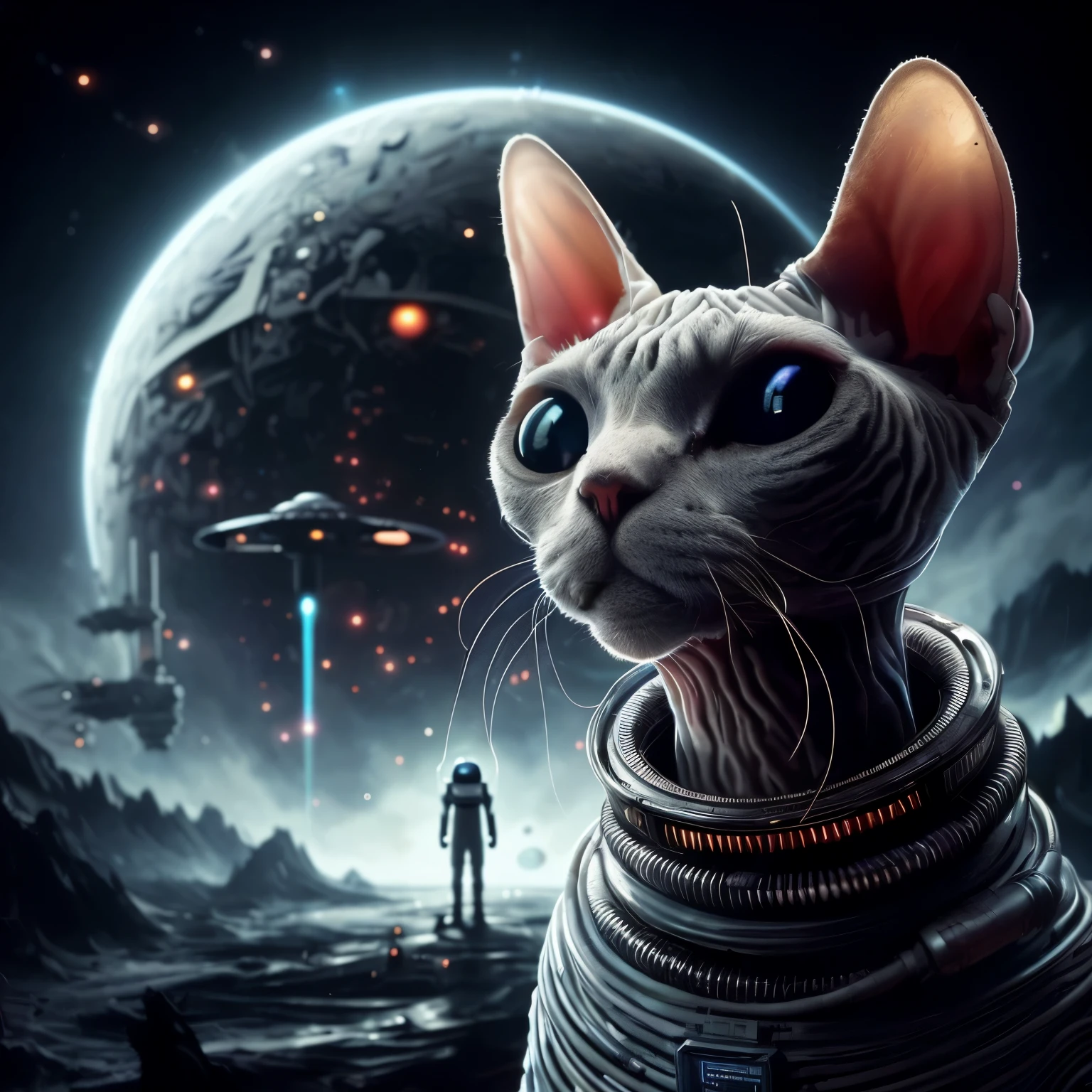 a close up of a cat in a space suit with a spaceship in the background, space cat, cat in space, cat from the void, planet of the cats, beeple!!, astronaut cat, beeple. hyperrealism, cat summons a spaceship, beeple and jeremiah ketner, beeple art, beeple artwork