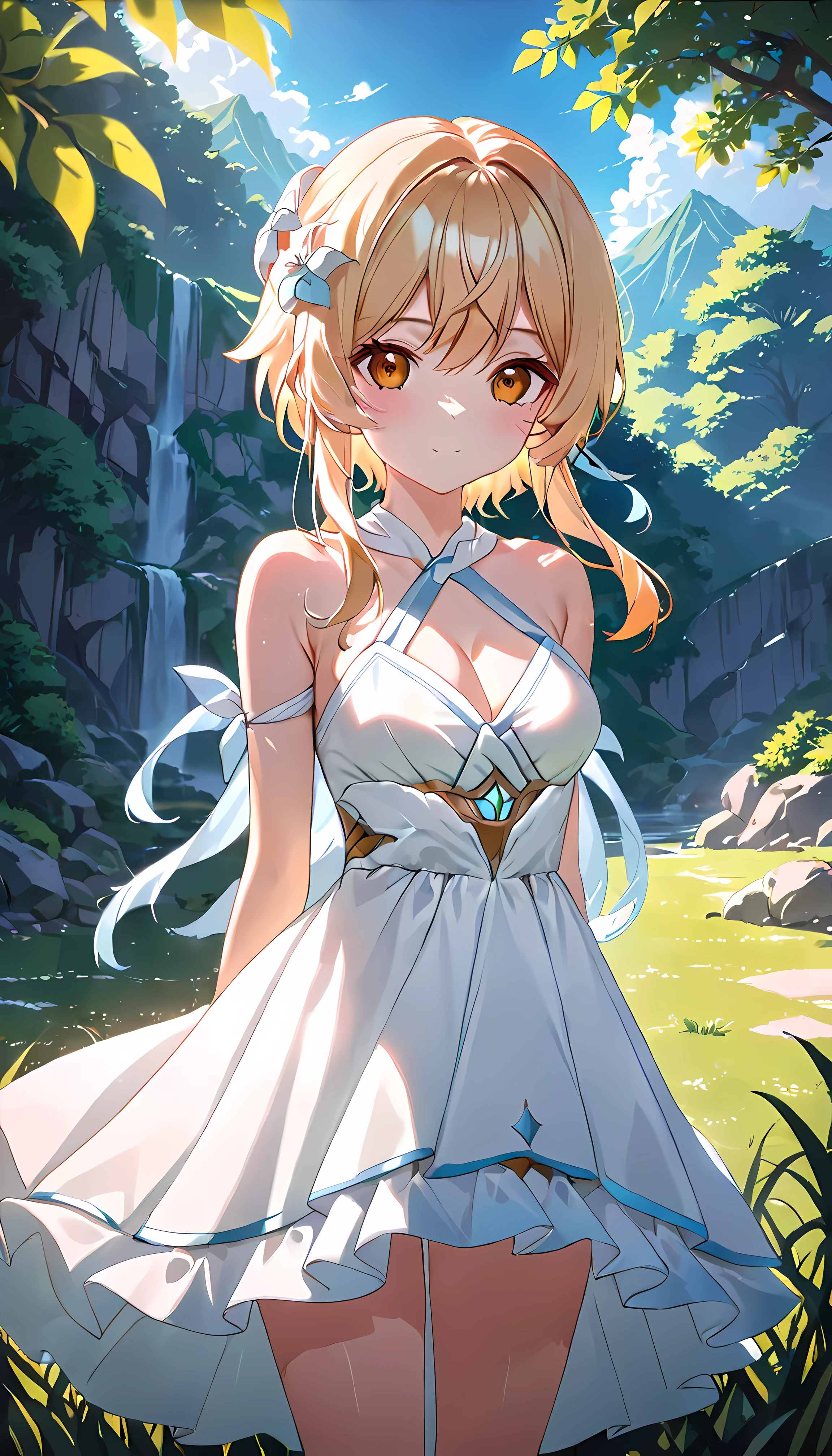 Lumine, 1girl, white dress, standing, facing viewer, nature, sunny, high quality, best quality, cinematic lighting, super detailed, ultra sharp, anime art, 4k, 2d art, beautiful background