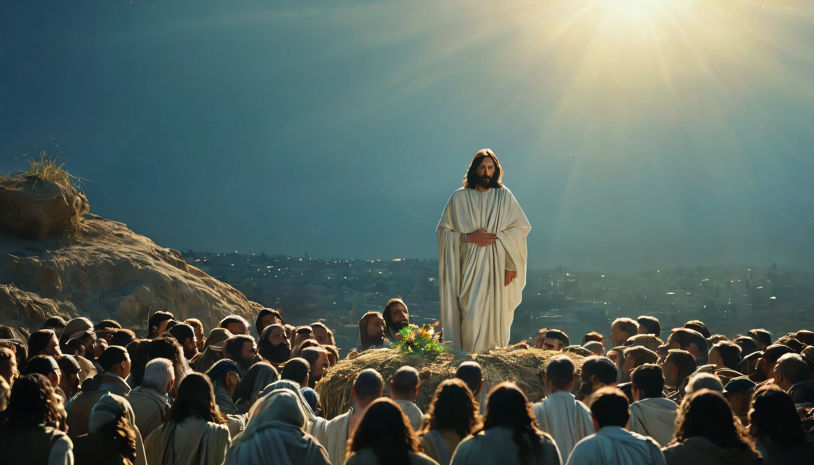 A breathtakingly vibrant cinematic poster depicting the miraculous resurrection of Lazarus. Jesus stands before the tomb, exuding divine power and compassion, while a rapt crowd gazes at him. As Lazarus emerges from the tomb, wrapped in linen swaddling clothes, the dawn's soft light brings clarity and hope to the scene. The poster's 1280x720 pixel resolution captures the divine presence, immersing the viewer in this moment of eternal life and renewal., vibrant, cinematic, poster