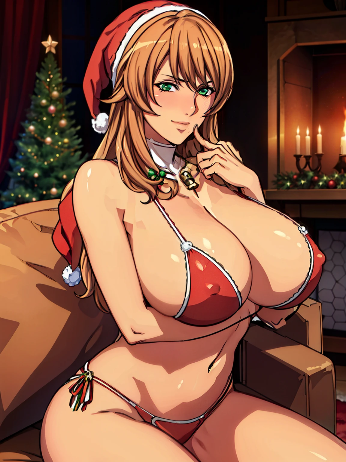 (sitting on christmas gift), red santa claus bikini, red santa claus hat, gold bell necklace, christmas tree, (luxury livingroom background), Sigui, mature woman, anime cels style, best quality, high resolution, 1girl, (huge breasts:1.2), beautiful face, Beautiful Finger, Beautiful long legs, Beautiful body, Beautiful Nose,Beautiful character design, long hair, brown hair, Bangs, green eyes, (cowboy shot), smiling, looking at viewer, beautiful vagina, beautiful breasts, beautiful nipple, blushing