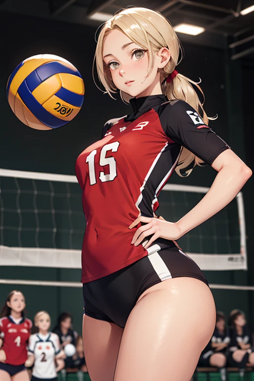 Young woman volleyball player, blonde, gray eyes, big hips and thighs, small breasts.