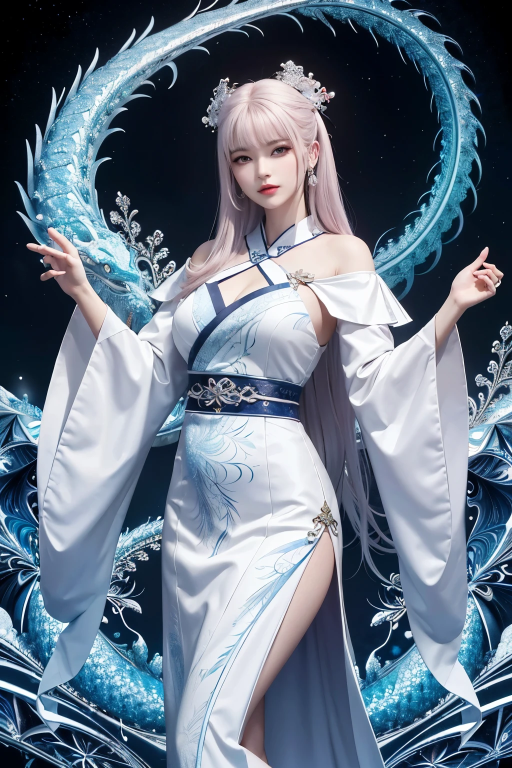 A woman in a white dress with a dragon on her back - SeaArt AI