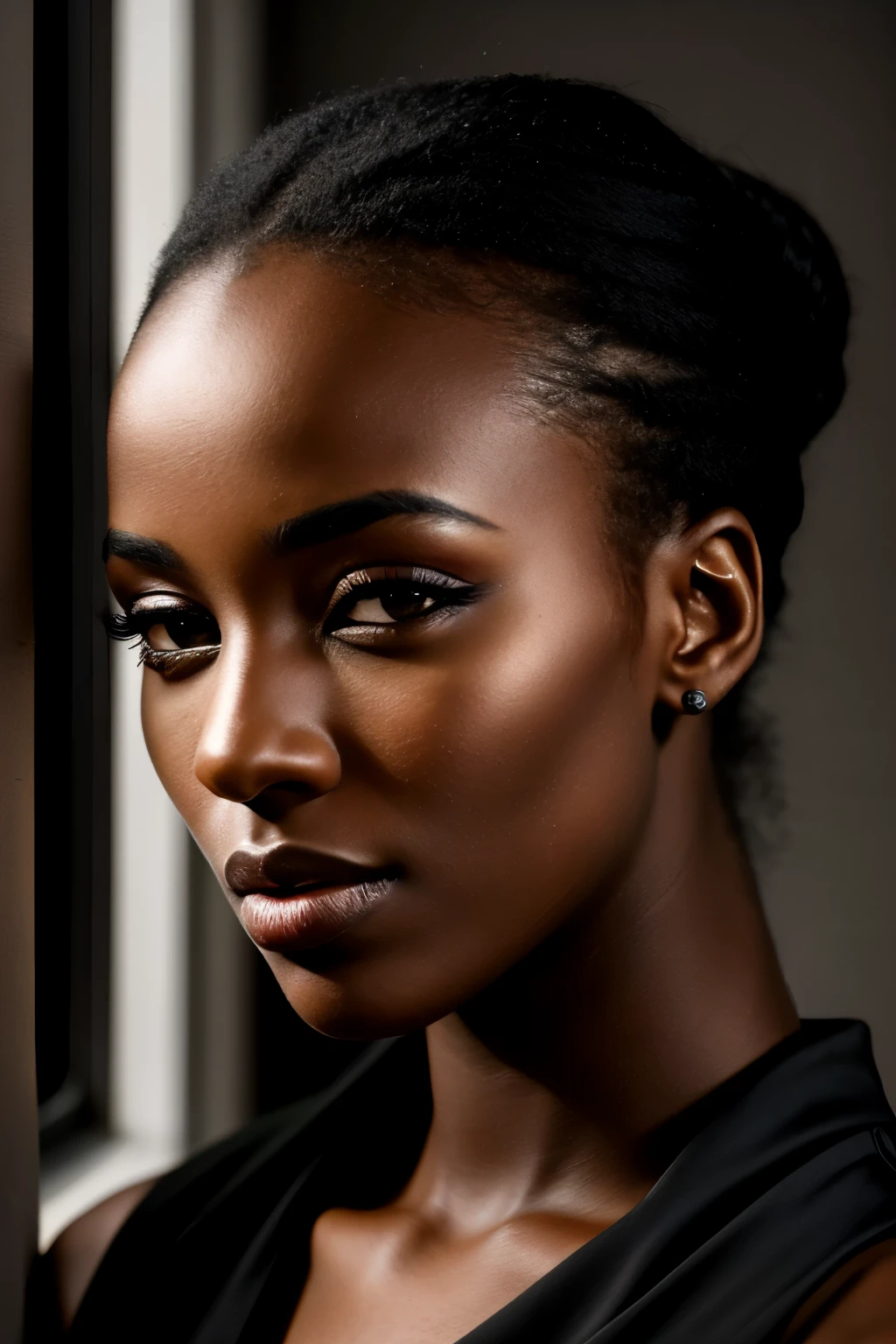 RAW photo Reveals the vibrant textures and rich colors of a stunning 26-year-old African woman's face, captured in a portrait shot. Her cute, expressive features radiate happiness, and her dark, sultry eyes captivate the viewer. The cinematic setting casts hard shadows across her profile, adding depth and drama to the image. Each detail – from her pores to the intricate texture of her skin – is rendered in extreme quality, with sharp focus and high contrast capturing every element of her beauty. The black dress she wears adds a mysterious allure, and the dramatic lighting creates a captivating, evocative atmosphere. This remarkable photograph is a test
