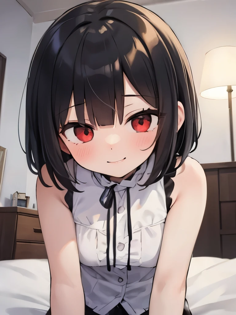 masterpiece, highest quality, girl, alone, private server,sleeveless,on the bed,red eyes,smile, blush,black hair bob,sexy face,Cheeky smirk,mischief,upward glance