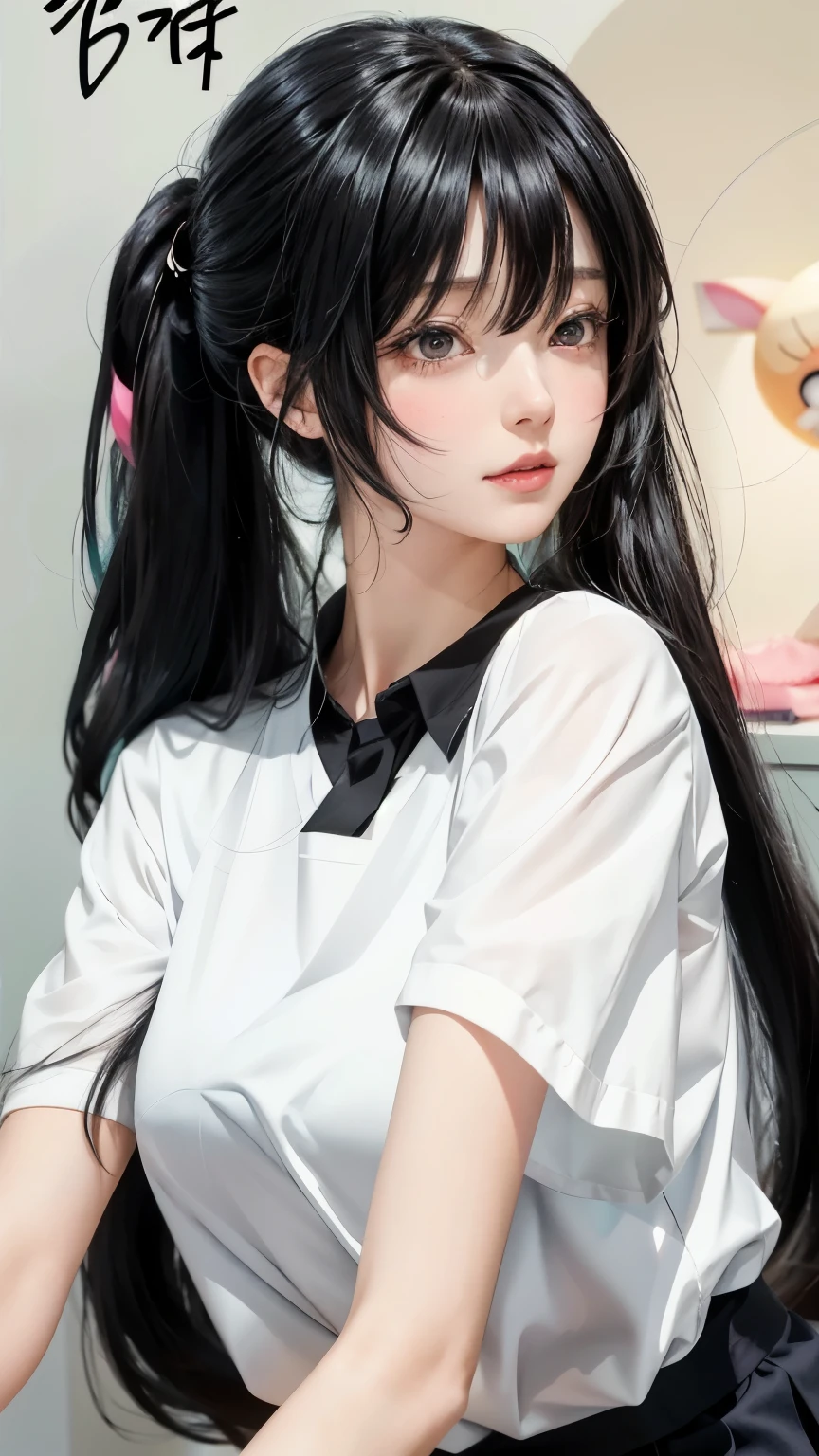 arafed image of a girl with long hair and a white shirt, anime girl with long hair, beautiful anime high school girl, an anime girl, attractive anime girl, (anime girl), anime visual of a cute girl, anime girl, beautiful anime girl, young anime girl, pretty anime girl, cute anime girl, she has black hair with bangs