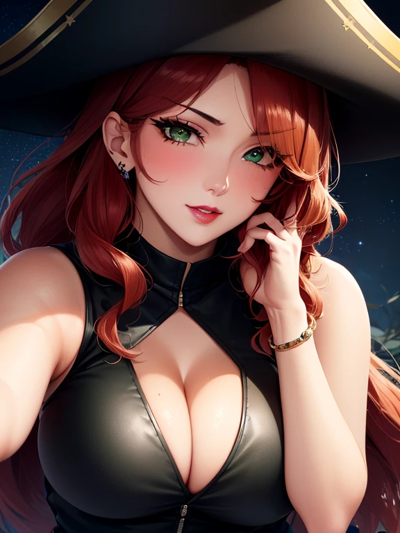 free , dark green leather vest, medium breasts, scarlet hair, wavy hair, very long hair, black pirate hat, Hair covers one eye, slim and voluptuous, green eyes, free shoulders, mascara, thick lips, big eyes, lipstick, dark theme, free cleavage, roundweductive, masterpiece, close up, round chin, dark scene, night, 
