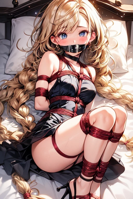 Shiny blond hair, very long hair, sophisticated haircut, ((((hair fully braided)))), ((small twisted braids)), thin and oval face, submissive, (((ball-gagged))), ((((Extravagant dress)))), cute and blushing 18 years old anime girl, look away because she is embarrassed and blushes, bright blue eyes, detailed face, detailed members, detailed arms, detailed hands, ((((sparkling diamond jewelry)))), tiara, ((makeup)), high heels, puffy sleeves, long gloves, long eyelashes, Girl lying, tied by ropes, shackled, can no longer move, tied tightly, very hard tied up with lots of ropes, hampered by so many ropes that she can no longer move, bound hands and feet, ropes tie his whole body, tied extremely tightly and forcefully to her bed by a lot of ropes, its limbs are strongly tied together by ropes, his torso is tied up with thick cords, her chest is so tied up with ropes that it sticks out, her legs are tied tightly with thick ropes, his hands are tied behind his back with ropes, she can no longer move her feet, her hands which are tied by thick ropes, she desperately tries to free herself, likes to be tied tight with big ropes, likes to be immobilized by big ropes, lying down, his hands and feet are strongly tied to the railing of his bed, his legs are pressed together and tied with ropes, its limbs are held vigorously by imposing ropes, her hands are tied securely behind her back by ropes, her chest is compressed by strong ropes, she is pressed against her bed and restrained by large ropes (shibari, arms behind the back:1.4), (hands on the back), (masterpiece, best quality) 1.5, 1girl, solo, (sexy, beautiful woman, perfect face, perfect eyes, perfect hands), samus aran, (shibari, arms behind the back:1.4), (hands on the back), Spread the legs, s&#39; ((lie in bed by big ropes)), ((close up of the girl)), ((((lie in bed))))