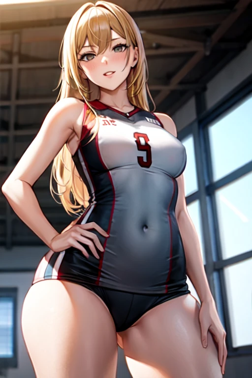 Young woman volleyball player, blonde, gray eyes, big hips and thighs, small breasts.