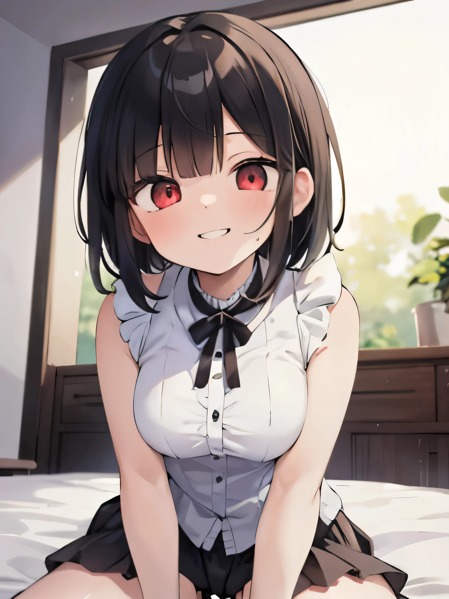 masterpiece, highest quality, girl, alone, private server,sleeveless,on the bed,red eyes,smile, blush,black hair bob,sexy face,Cheeky smirk,mischief,upward glance