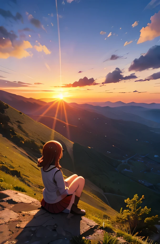 A lonely anime girl climbs to the top of a hill to watch the sunset. Enquanto admira a paisagem, She reflects on her life and her hopes for the future.
