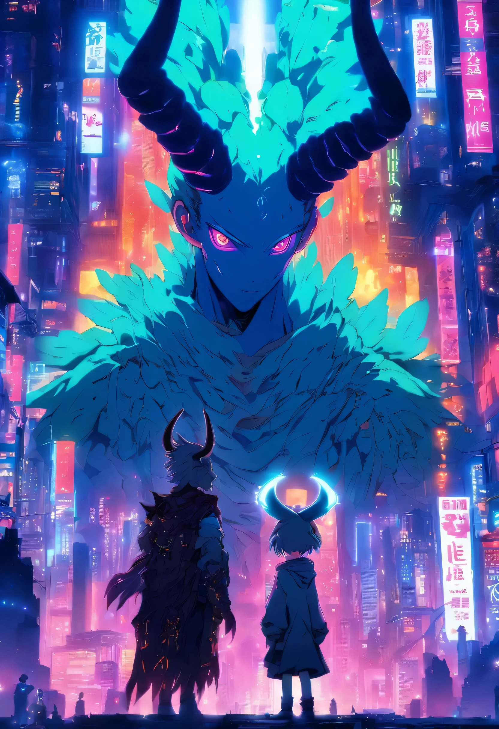 at a cyberpunk city, With horned wings on his back、A  standing with a horn-like figure holding a glowing halo on his head , His dress can reflect the light around him., profile,Half body, Staring straight in the crowd, Cyberpunk city lights background, 3D anime, There is no anime, detailed face, cute.