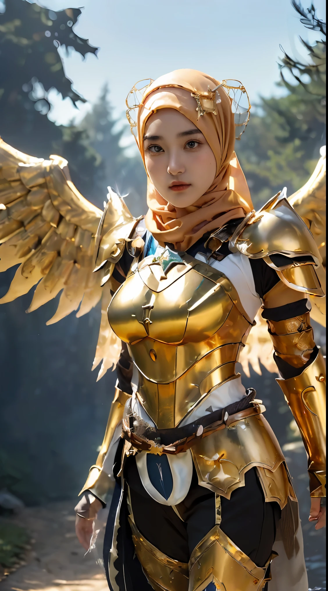 (1 Japan cutes teen with idol style), ((Top  Quality, masterpiece: 1.3)), focusing: 1.2, Perfect body care: 1.4 , (Wearing Hijab:1.2), ((Highly detailed face and skin texture)), Extremely realistic, Ultra detailed, HD, Portrait, 8K, Dressed in white and gold with spread wide big wings, (holding single flaming gold iron swords:1.2), (wearing hijab:1.5), (full iron golden armor:1.5), ornate cosplay, as a mystical valkyrie, the sailor galaxia, beautiful, white and gold priestess robes, anime cosplay, glamourous cosplay, with fiery golden wings, ((full iron trousers armor)), cosplay, professional cosplay, goddess of light, full body angel, cosplayer, perfect makeup, perfect face, beautiful face, beautiful body, arms covered with cloth, thighs covered with cloth, waterfall background, ((body object floating flying in the air:1.2)), foggy, fantasy weather, lightning strikes on either side, dramatic sttudio lighting, The atmosphere looks real, Full body shot, Front angle, ultra realistic, Professional、beautiful detail glow、Depth of bounds written、(((High chroma)))、(((real:1.9)))、((vivid:1.4))、((beautiful skin))、((skin texture))、((Real skin feel))、(((cowboy shot:1.5)))、((Angle seen from the front:1.5)), Front angle shot,