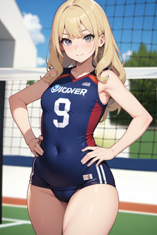 Young woman volleyball player, blonde, gray eyes, big hips and thighs, small breasts.