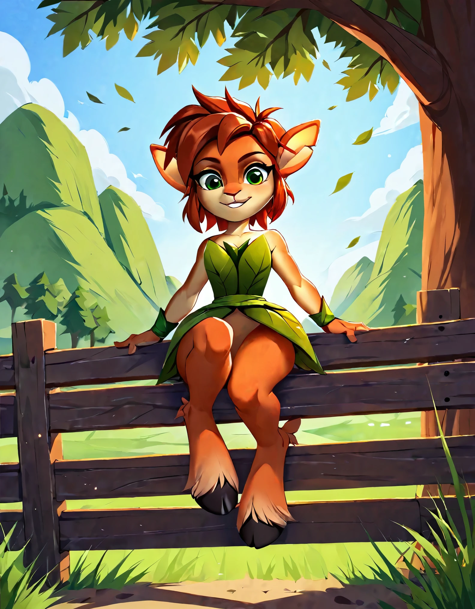 score_9, score_8_up, score_7_up, score_6_up, from below, farm, barn, outdoors, wheat field, sitting on a fence
BREAK
solo, 1girl, elora, faun \(spyro\), red hair, mammal, anthro, deer, green eyes, leaf dress, hooves