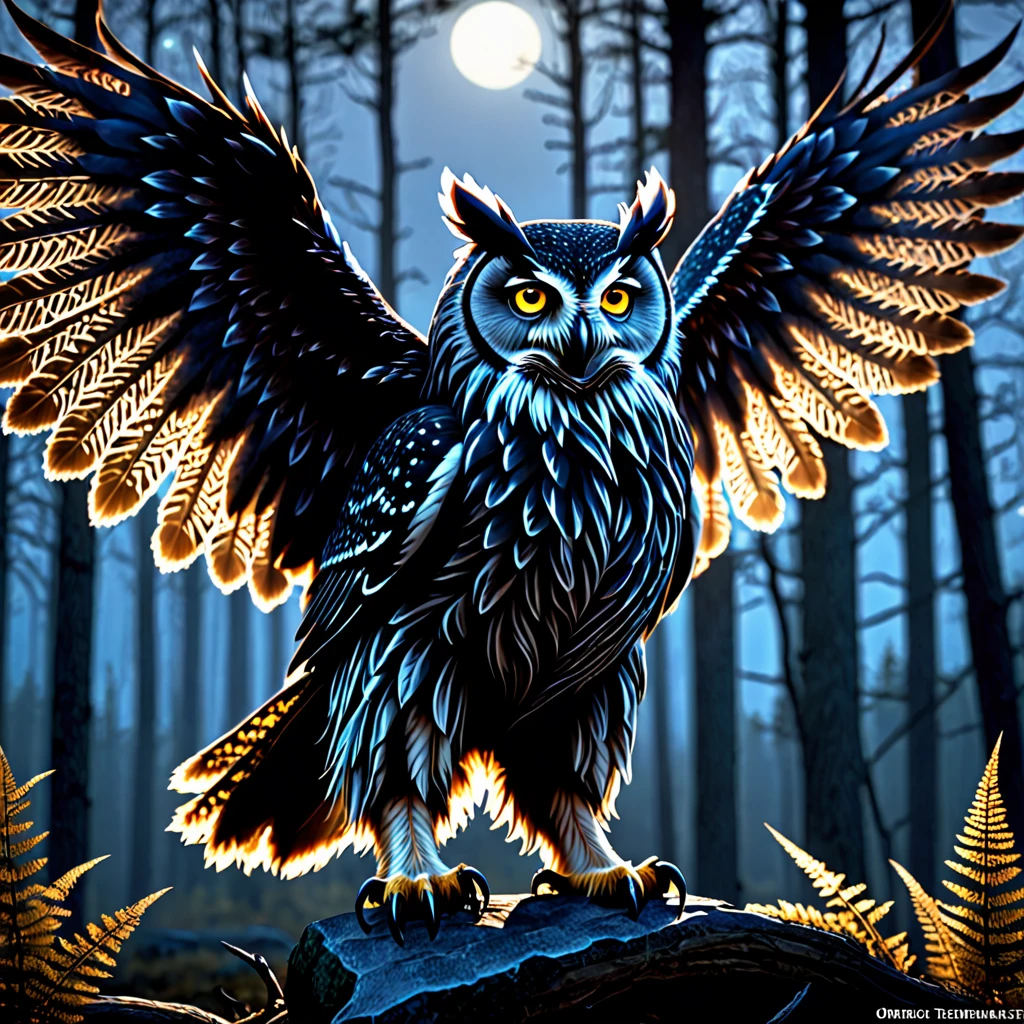 (best quality,4k,8k,highres,masterpiece:1.2),ultra-detailed,realistic,photorealistic:1.37,owlbear creature,feathers,fierce gaze,intimidating presence,dark and mysterious forest,moonlight illuminating the scene,organic textured fur,sharp talons,beastly creature,abundant muscle definition,intense and vibrant colors,dawn breaking,ominous silhouette,mythical creature,imposing and majestic,beautifully sculpted physique,wisdom in its eyes,nighttime hunt,breathtaking detailed owl wings,ferocious predator