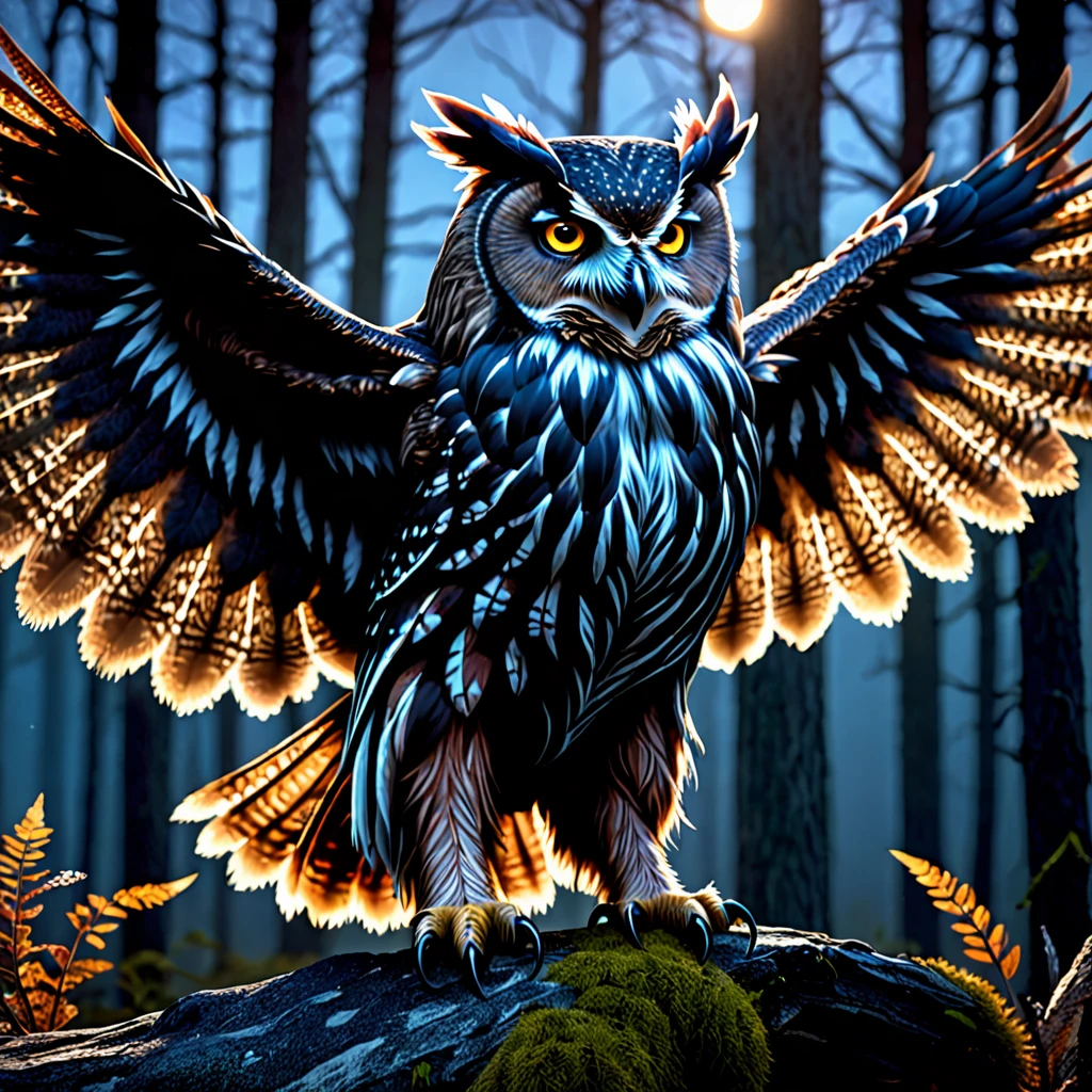 (best quality,4k,8k,highres,masterpiece:1.2),ultra-detailed,realistic,photorealistic:1.37,owlbear creature,feathers,fierce gaze,intimidating presence,dark and mysterious forest,moonlight illuminating the scene,organic textured fur,sharp talons,beastly creature,abundant muscle definition,intense and vibrant colors,dawn breaking,ominous silhouette,mythical creature,imposing and majestic,beautifully sculpted physique,wisdom in its eyes,nighttime hunt,breathtaking detailed owl wings,ferocious predator