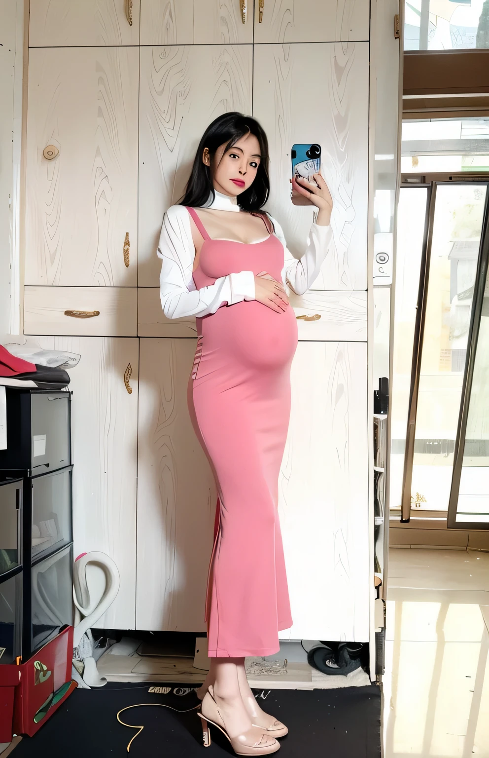 (Very detailed,night， In a dimly lit room， a girl，Married，Married woman，30s，maternal radiance，Mother，The charm still exists，black hair，a little fat, full, Large sagging breasts, huge big , pregnant, huge pregnant, big pregnant, 9 months, pregnant, pregnant with twins，delicate face, Sexy, Wear a turtleneck dress, purple bodycon dress, suspender skirt,hip-covering skirt，Black hip-covering skirt，black stockings，Garter stockings，Suit，Suitcoat，coat， HD, full body shot, travail，Water breaks，Due Date，Realistic perfect figure, Very realistic)