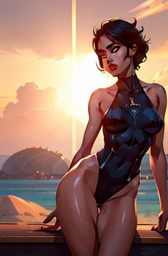 ((Realstic)) and ultra-detailed photography of a nude woman,, sexy pose, sexy swimsuit, sunny, sunlight, daylight, daytime, woman is lit from the front, rim lighting, atmospheric lighting, woman is well lit, sexy, beautiful woman, glowing skin, cinematic lighting, beach background