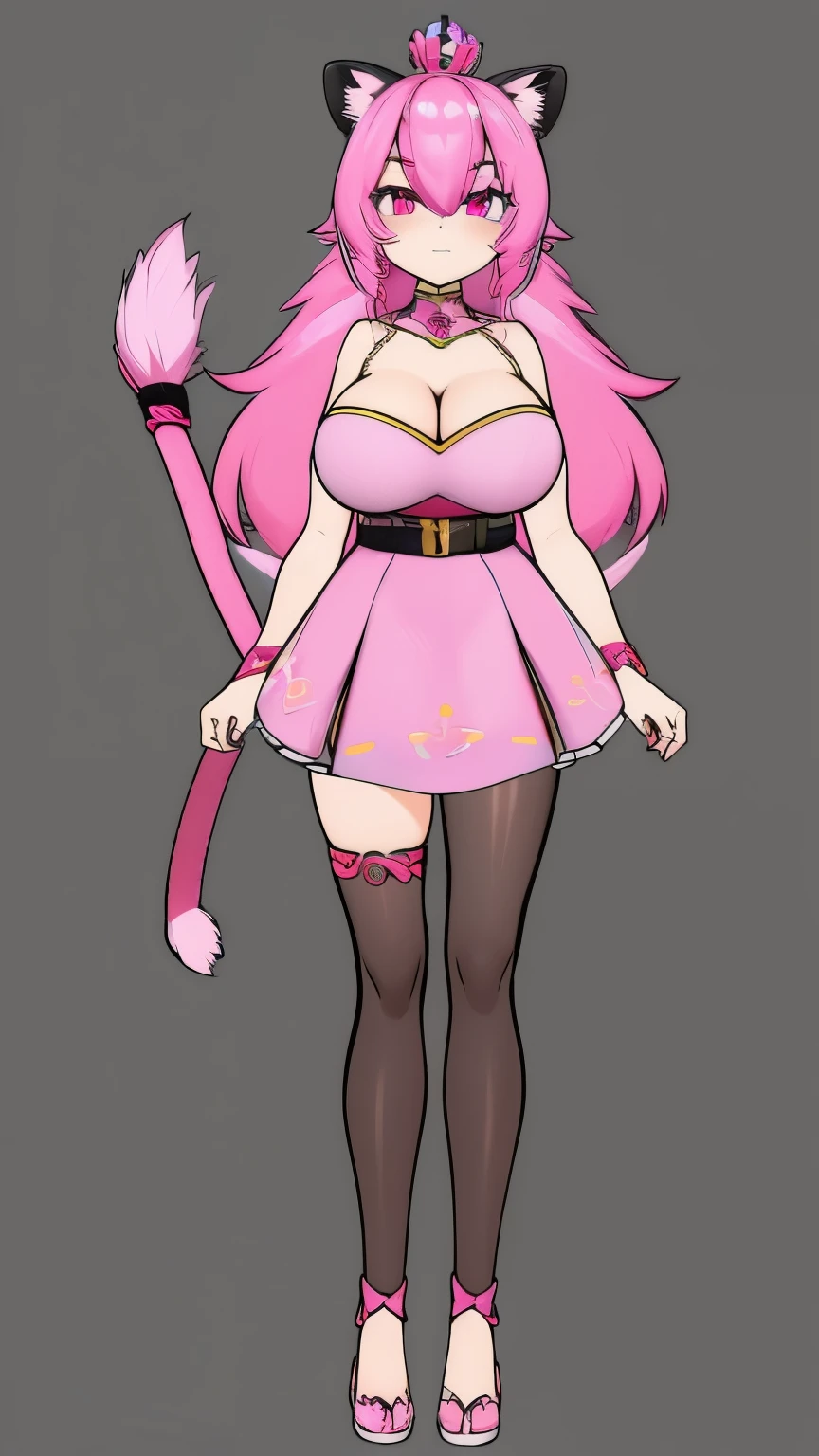 vtuber-fullbody, full body, modelo 2d vtuber, lorena, princes girl, pink hair, lion tail, ear tail, big breasts, ultra detallado, ojos hermosos, iluminacion cinematografica, illustration, 4k, high quality
