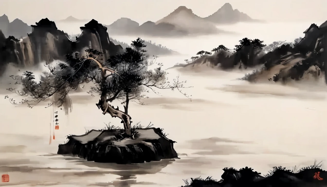 water墨画和water彩画,Drawing on rice paper,Use thick and light inks to create light and dark changes and layers,选择正确的墨water颜色,Such as deep black、thick gray、light coffee, ETC,express different situations and atmospheres,Control the gradient and transition of ink colors through the humidity and consistency of the ink,Monte,water,Tree,lake surface,desolate, desolate, ,black and white tones,dead tree, 中国传统water墨画, Chinese traditional art, author:Guo Xi, author:Ma Yuanyu, traditional Chinese painting, author:Xu Xi, author:Luo Mu, author:Yang Buzhi, author:Li Kelan, author:Zhi'an, water墨画 ) ) ) ), 中国water墨画, 中traditional Chinese painting风格